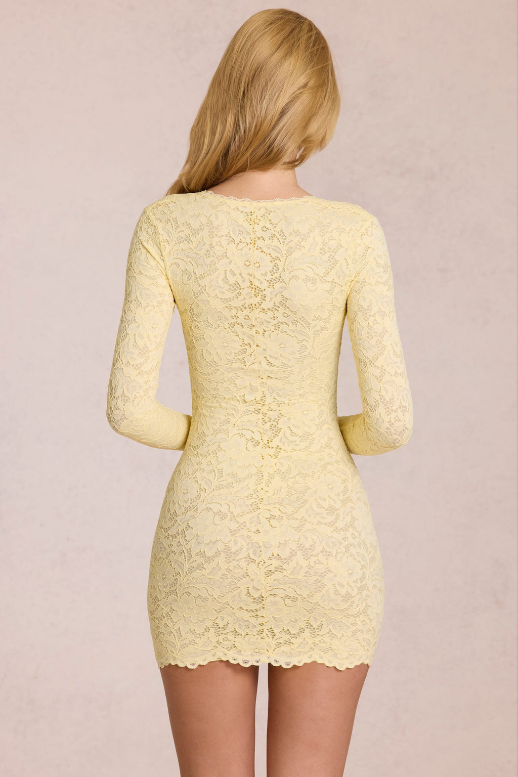 Chic Scalloped-Lace Long-Sleeve Mini Dress in Lemon Yellow