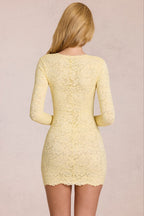Chic Scalloped-Lace Long-Sleeve Mini Dress in Lemon Yellow