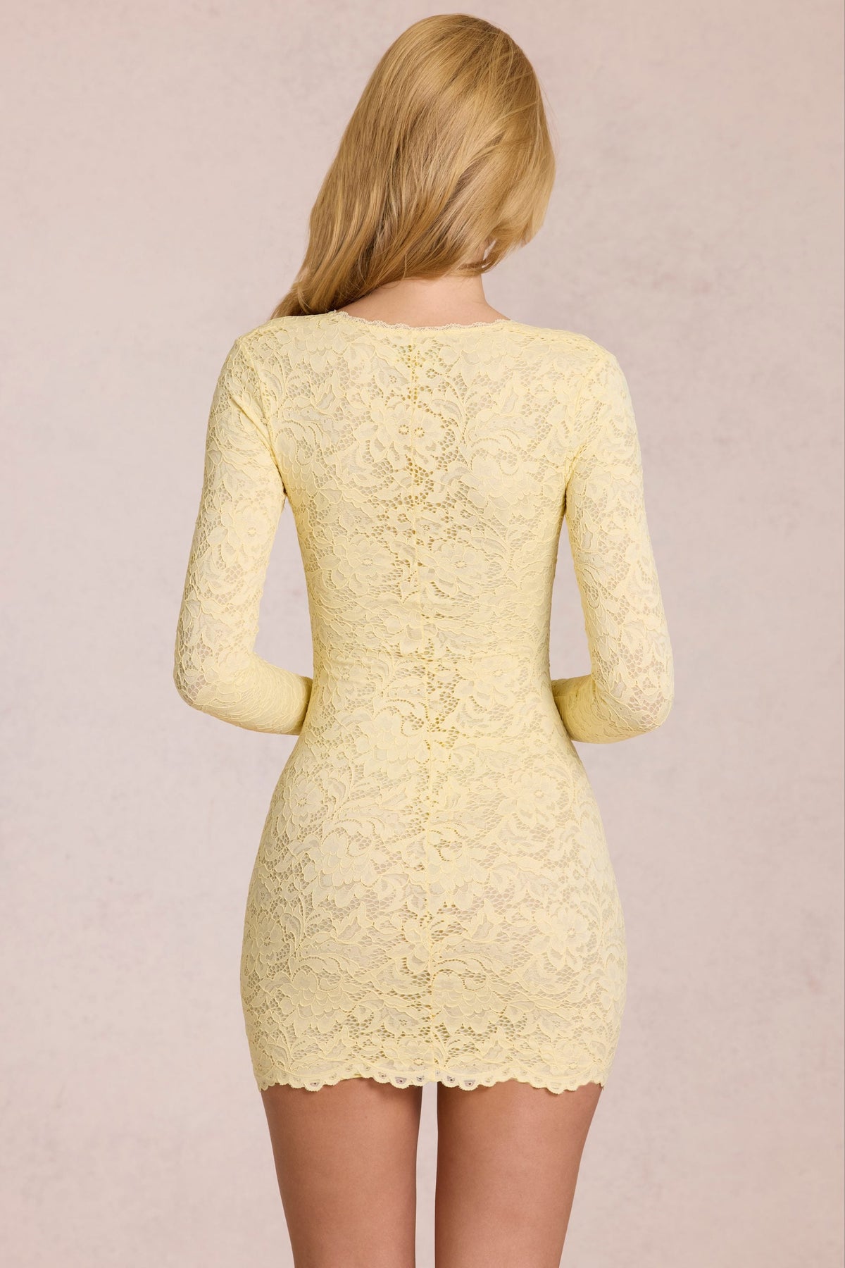 Chic Scalloped-Lace Long-Sleeve Mini Dress in Lemon Yellow