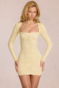 Chic Scalloped-Lace Long-Sleeve Mini Dress in Lemon Yellow