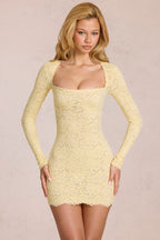 Chic Scalloped-Lace Long-Sleeve Mini Dress in Lemon Yellow