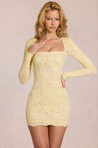 Chic Scalloped-Lace Long-Sleeve Mini Dress in Lemon Yellow