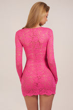 Chic Sheer Scalloped-Lace Long-Sleeve Mini Dress in Hot Pink