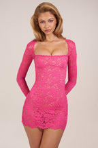 Chic Sheer Scalloped-Lace Long-Sleeve Mini Dress in Hot Pink