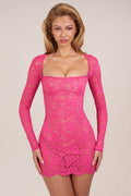 Chic Sheer Scalloped-Lace Long-Sleeve Mini Dress in Hot Pink