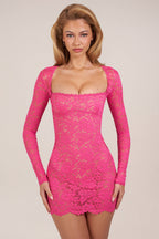Chic Sheer Scalloped-Lace Long-Sleeve Mini Dress in Hot Pink
