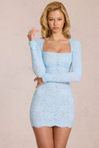 Chic Scalloped-Lace Long-Sleeve Mini Dress in Powder Blue