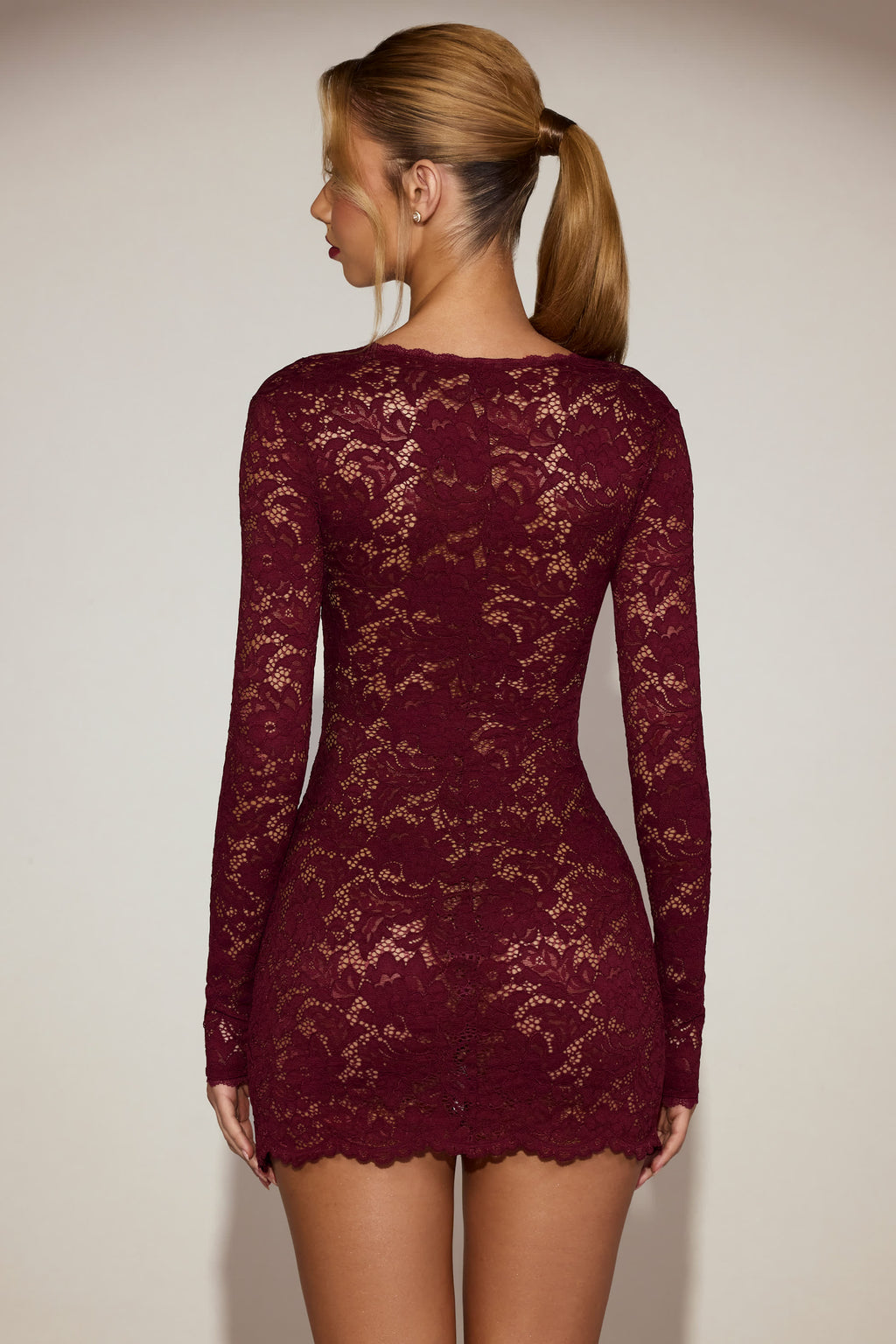 Chic Sheer Scalloped-Lace Long-Sleeve Mini Dress in Wine Red
