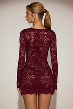 Chic Sheer Scalloped-Lace Long-Sleeve Mini Dress in Wine Red