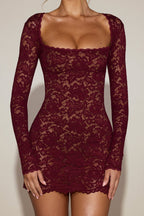 Chic Sheer Scalloped-Lace Long-Sleeve Mini Dress in Wine Red