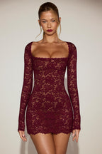 Chic Sheer Scalloped-Lace Long-Sleeve Mini Dress in Wine Red
