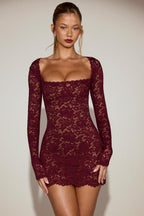 Chic Sheer Scalloped-Lace Long-Sleeve Mini Dress in Wine Red