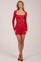 Chic Sheer Scalloped-Lace Long-Sleeve Mini Dress in Rose Red