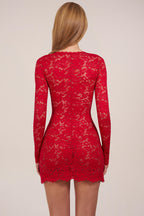 Chic Sheer Scalloped-Lace Long-Sleeve Mini Dress in Rose Red