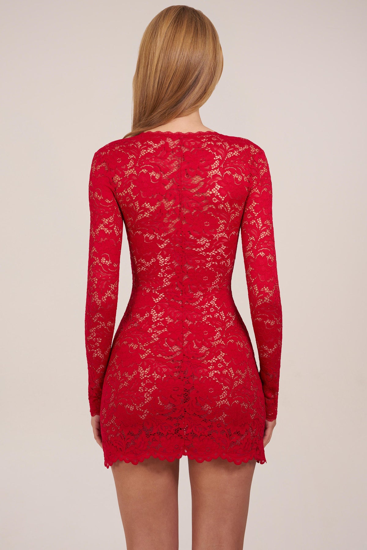 Chic Sheer Scalloped-Lace Long-Sleeve Mini Dress in Rose Red