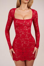 Chic Sheer Scalloped-Lace Long-Sleeve Mini Dress in Rose Red