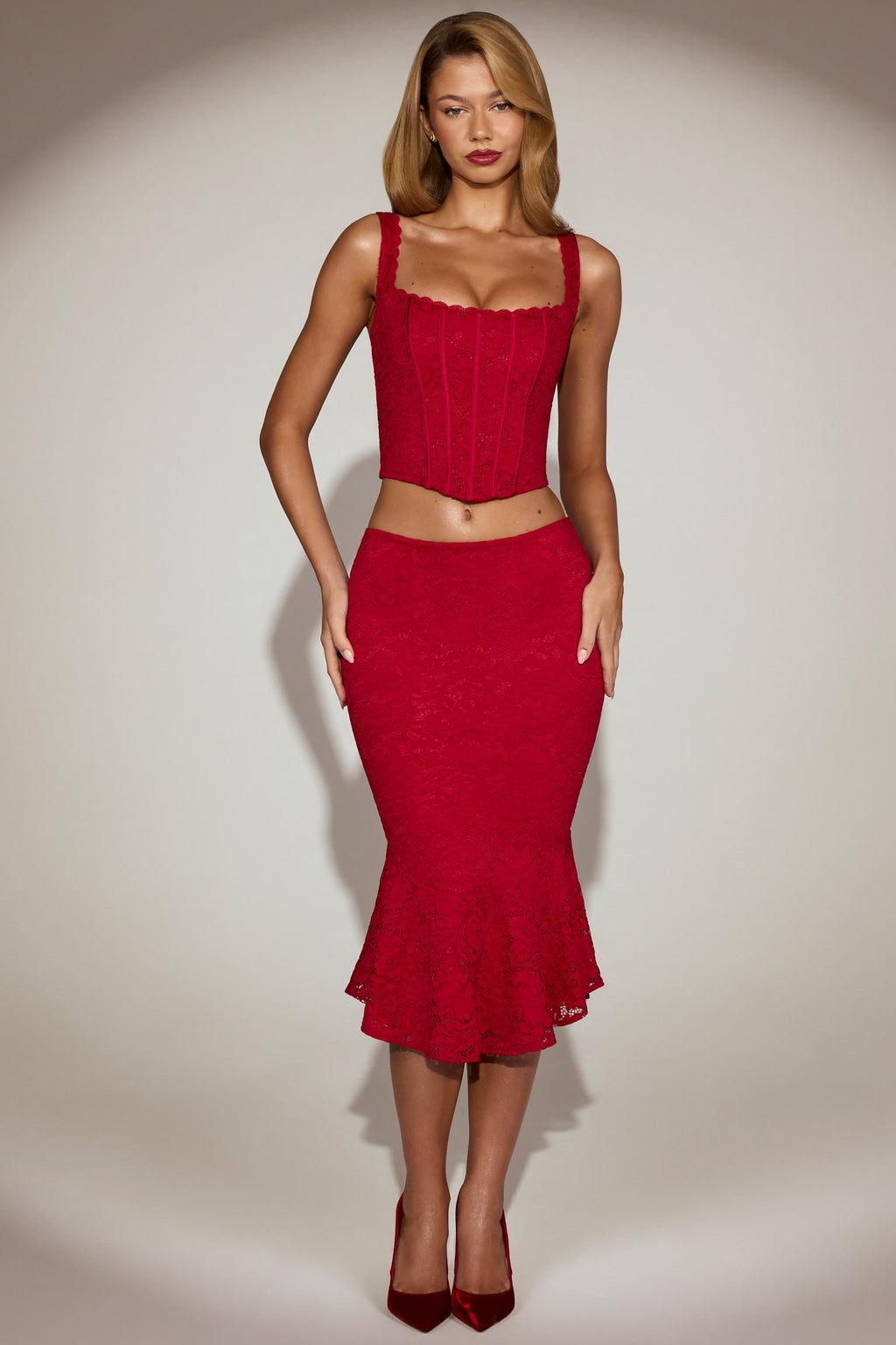 Chic Lace Mid-Rise Fluted Midi Skirt in True Red