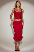 Chic Lace Mid-Rise Fluted Midi Skirt in True Red