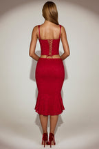 Chic Lace Mid-Rise Fluted Midi Skirt in True Red