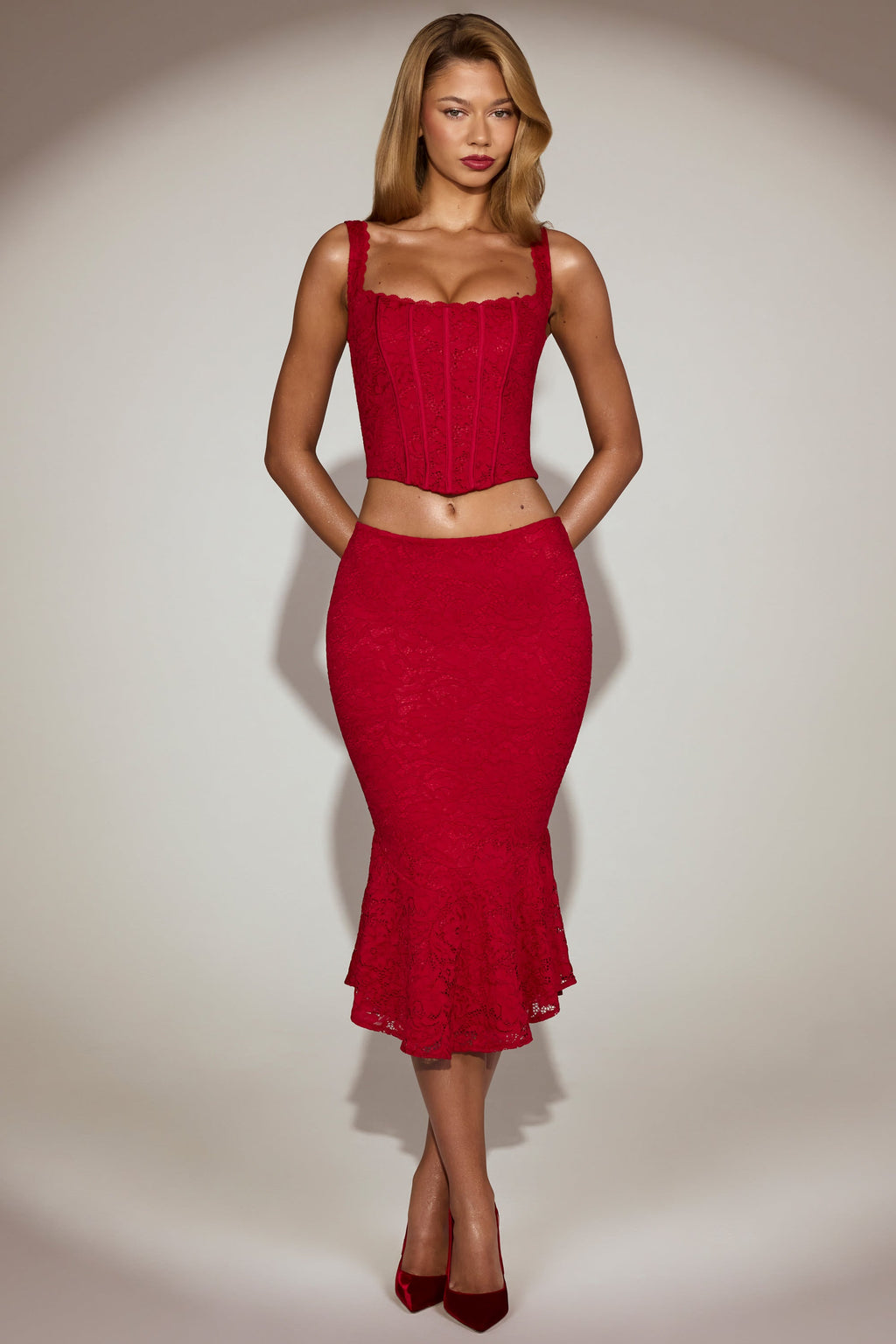 Chic Lace Mid-Rise Fluted Midi Skirt in True Red