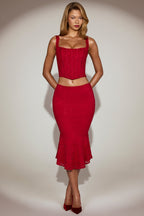 Chic Lace Mid-Rise Fluted Midi Skirt in True Red