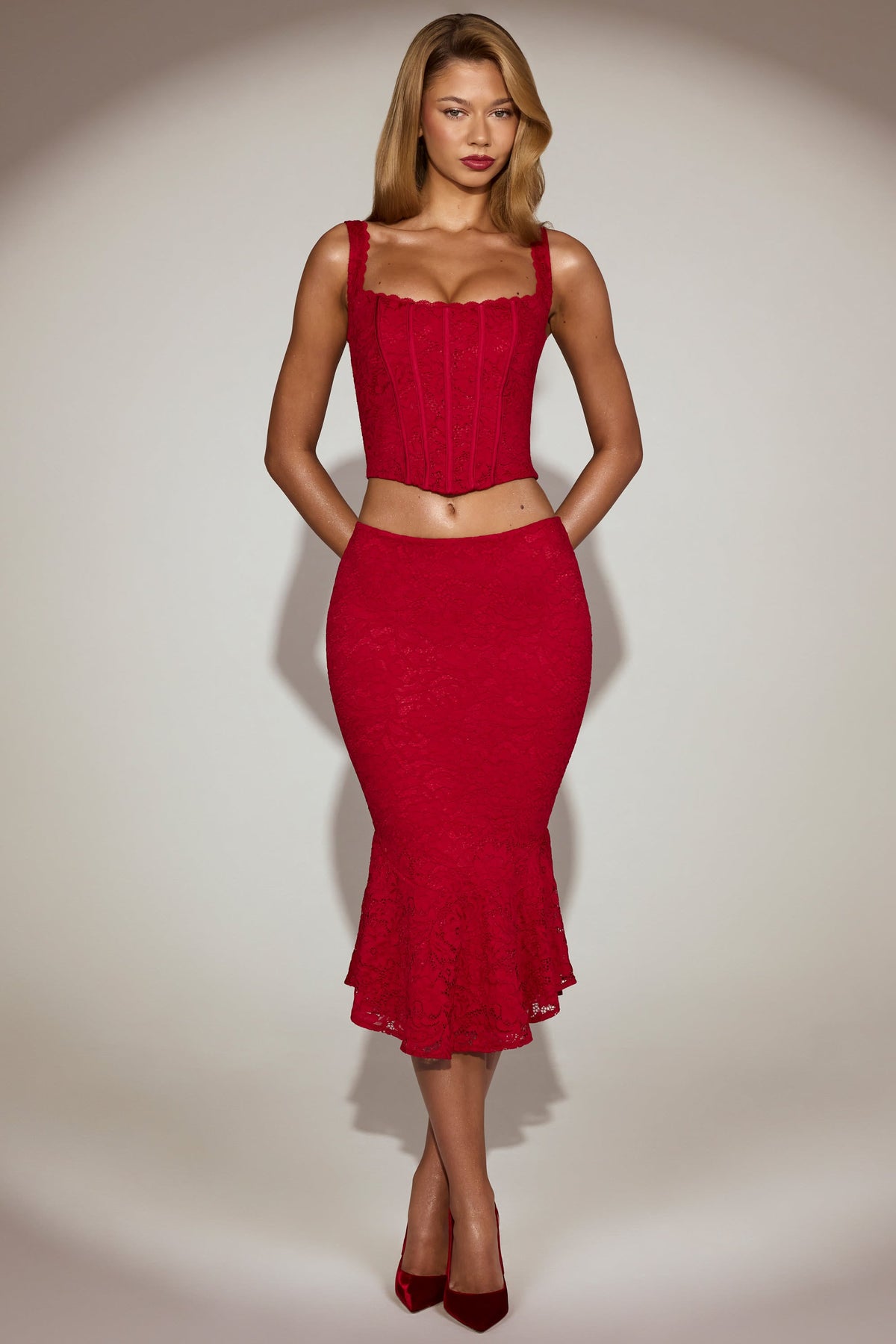 Chic Lace Mid-Rise Fluted Midi Skirt in True Red
