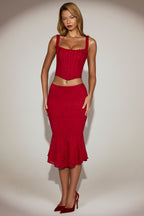 Chic Lace Mid-Rise Fluted Midi Skirt in True Red