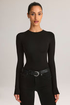 Chic Modal Round-Neck Long-Sleeve Bodysuit in Black