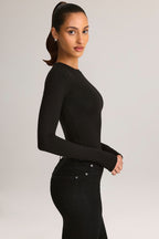 Chic Modal Round-Neck Long-Sleeve Bodysuit in Black