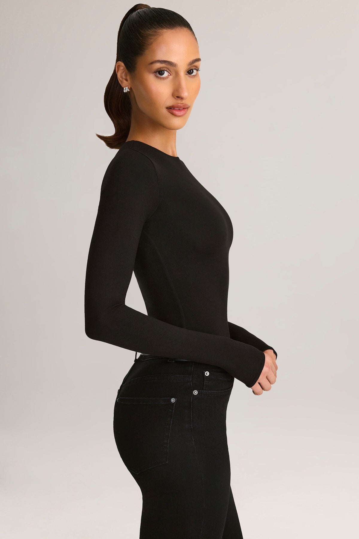 Chic Modal Round-Neck Long-Sleeve Bodysuit in Black