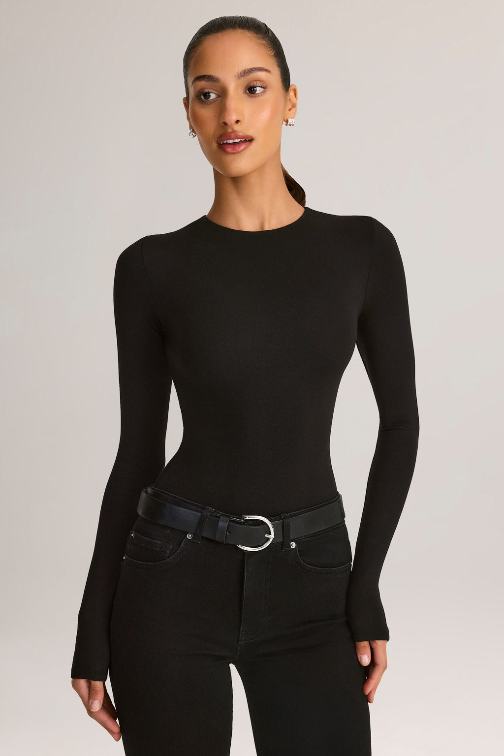 Chic Modal Round-Neck Long-Sleeve Bodysuit in Black