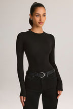 Chic Modal Round-Neck Long-Sleeve Bodysuit in Black