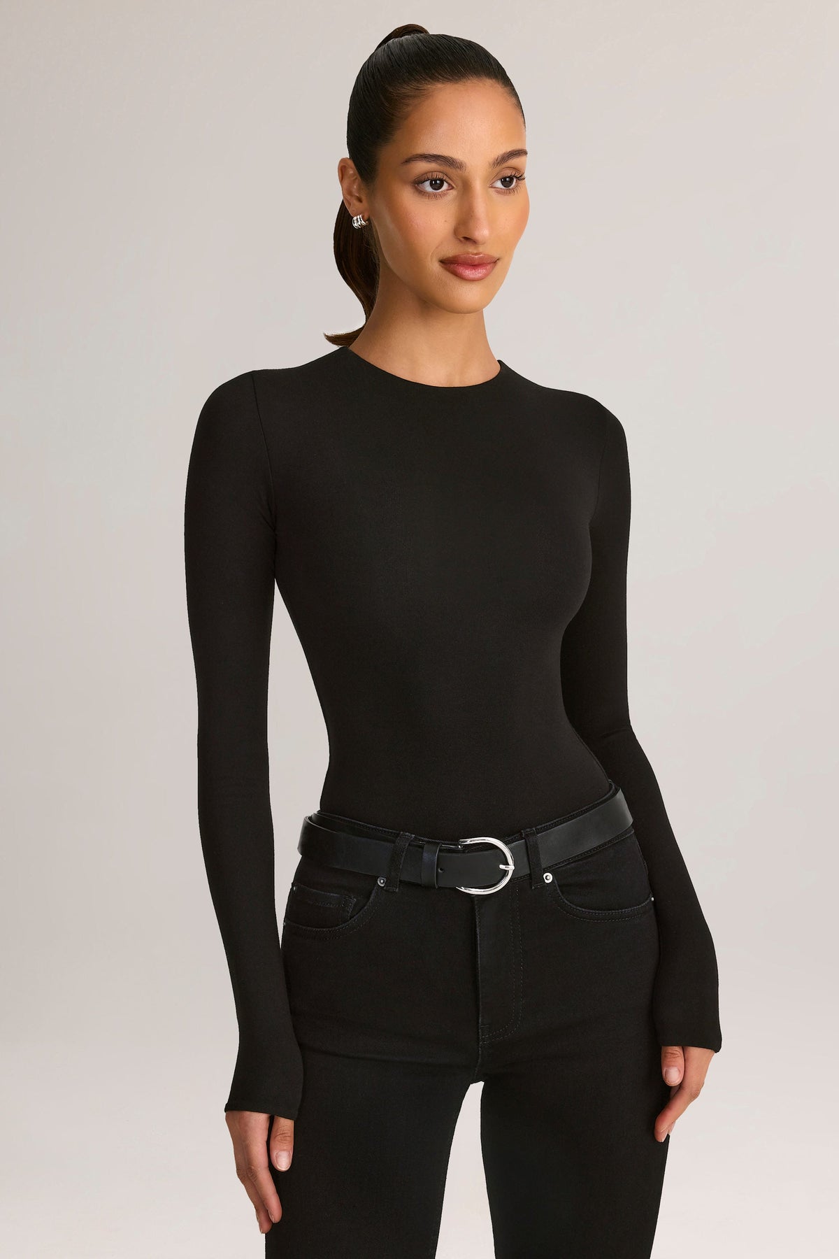 Chic Modal Round-Neck Long-Sleeve Bodysuit in Black