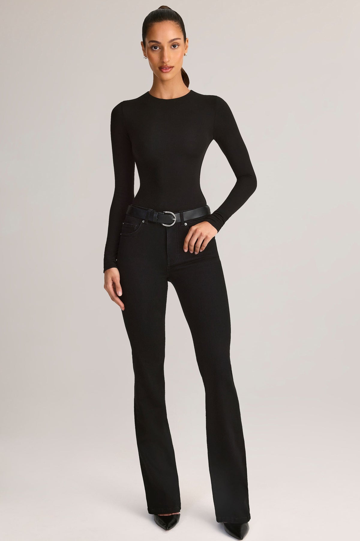Chic Modal Round-Neck Long-Sleeve Bodysuit in Black