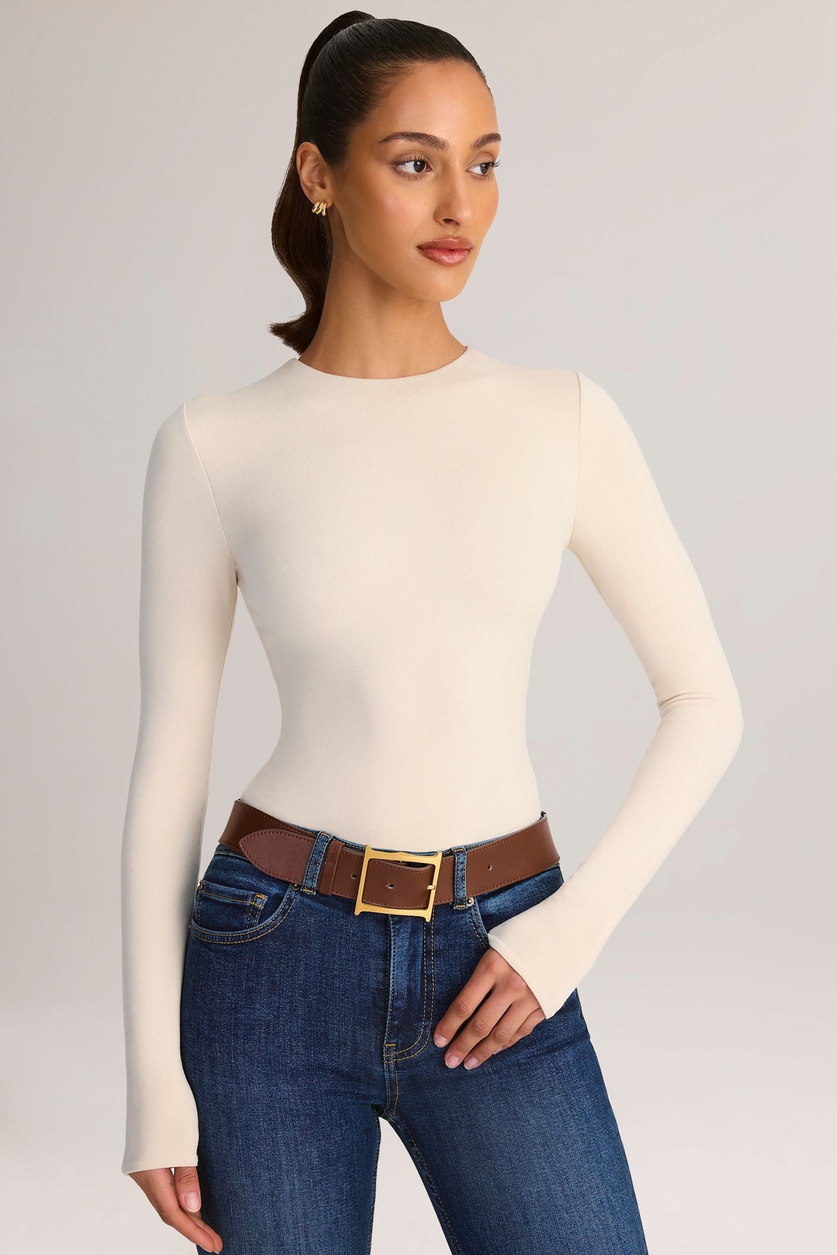 Chic Modal Round-Neck Long-Sleeve Bodysuit in Cream