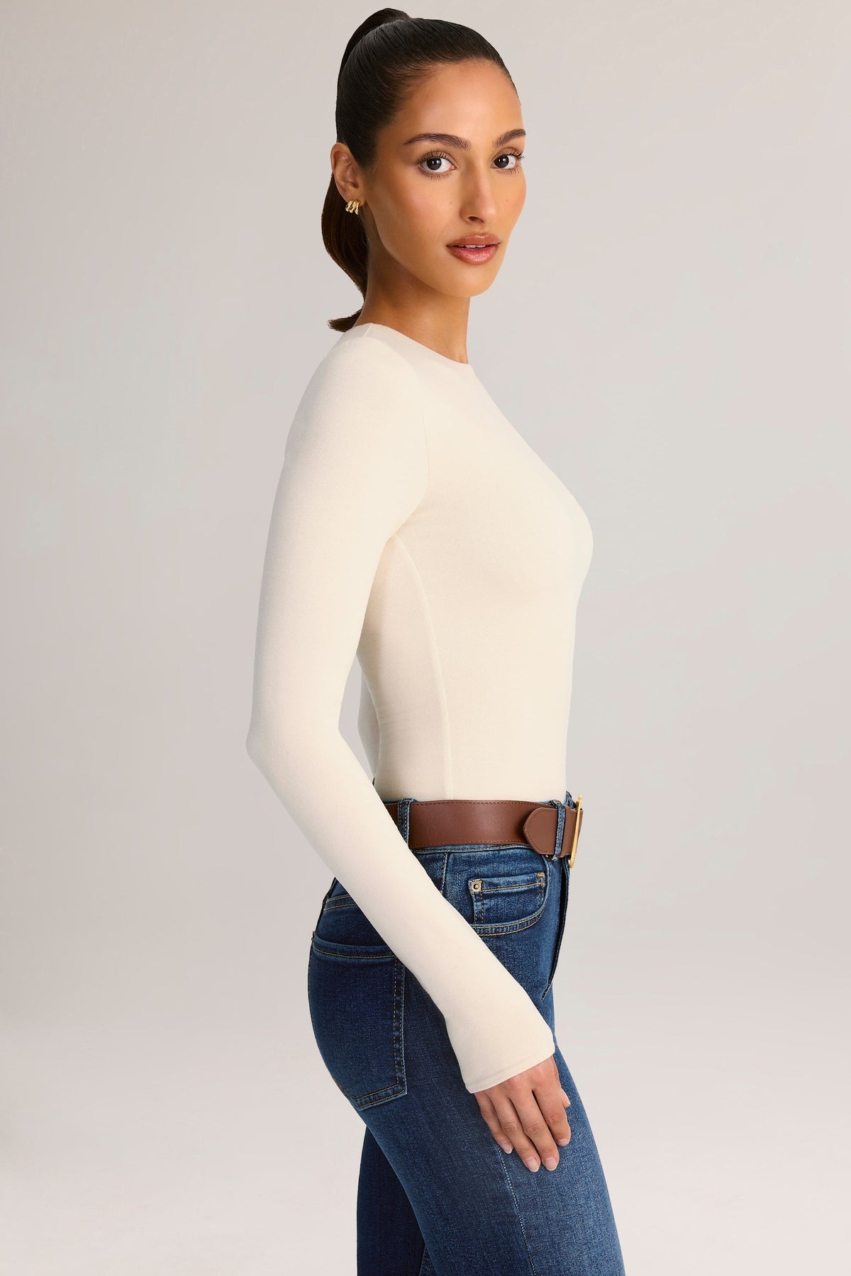 Chic Modal Round-Neck Long-Sleeve Bodysuit in Cream