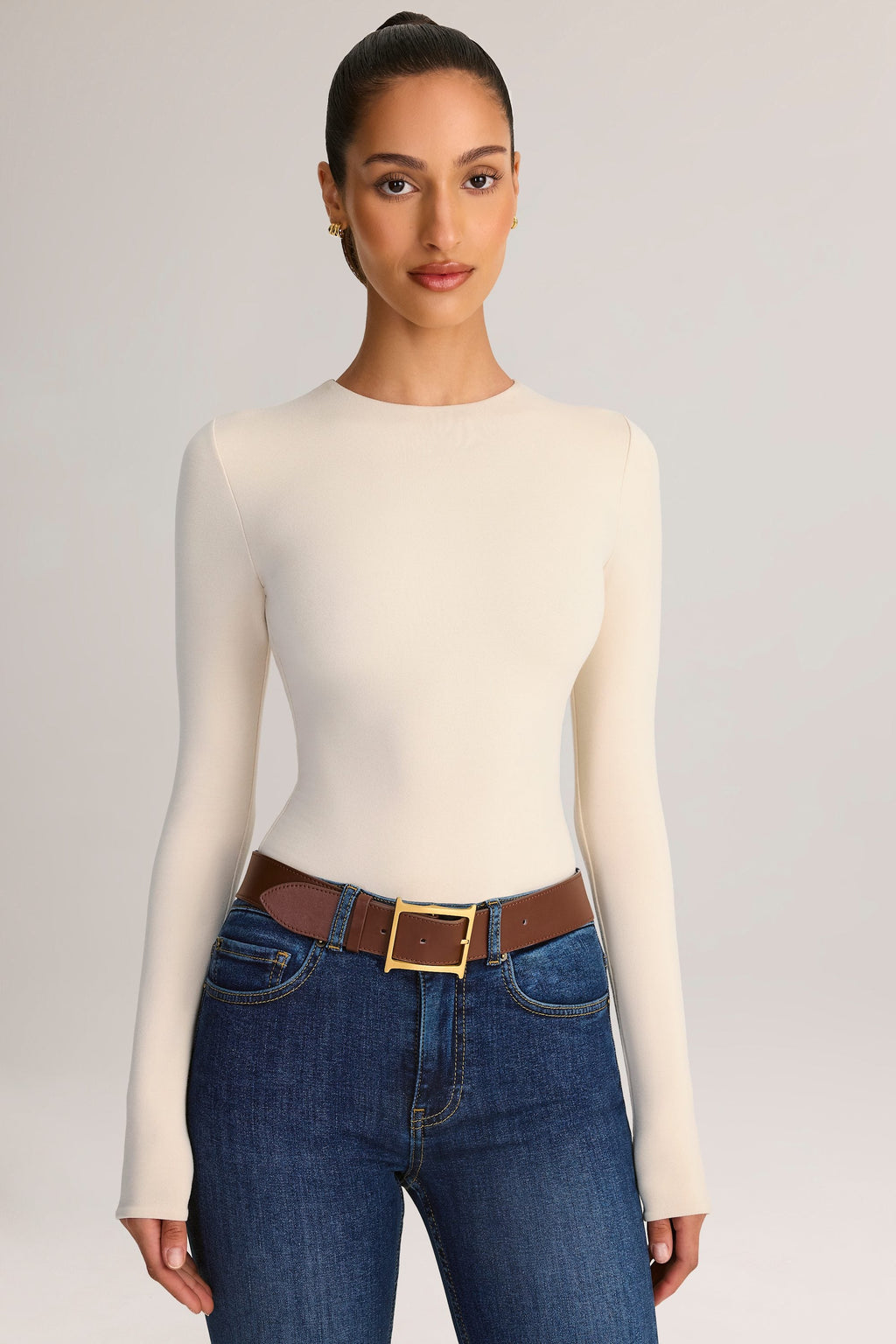 Chic Modal Round-Neck Long-Sleeve Bodysuit in Cream