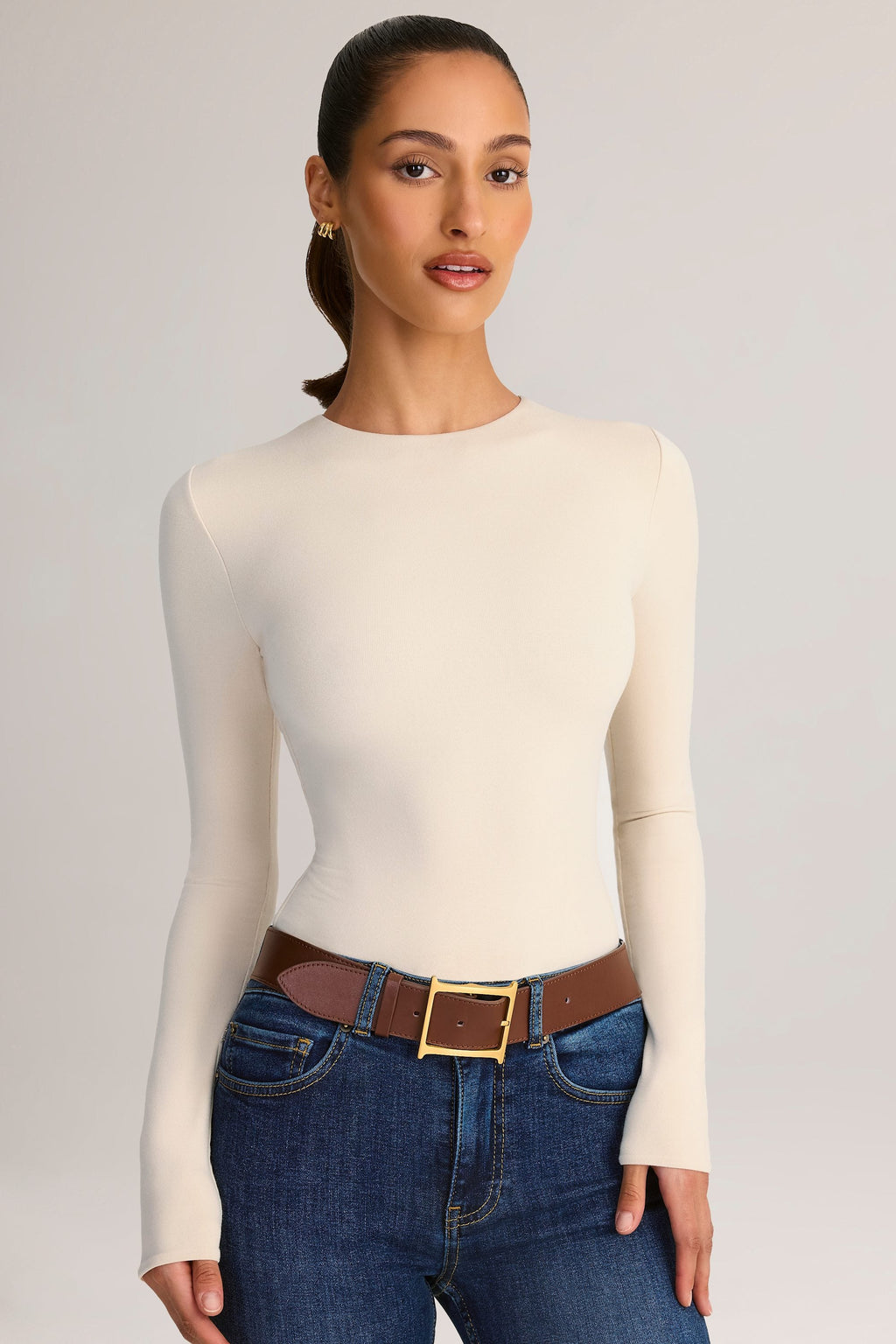 Chic Modal Round-Neck Long-Sleeve Bodysuit in Cream