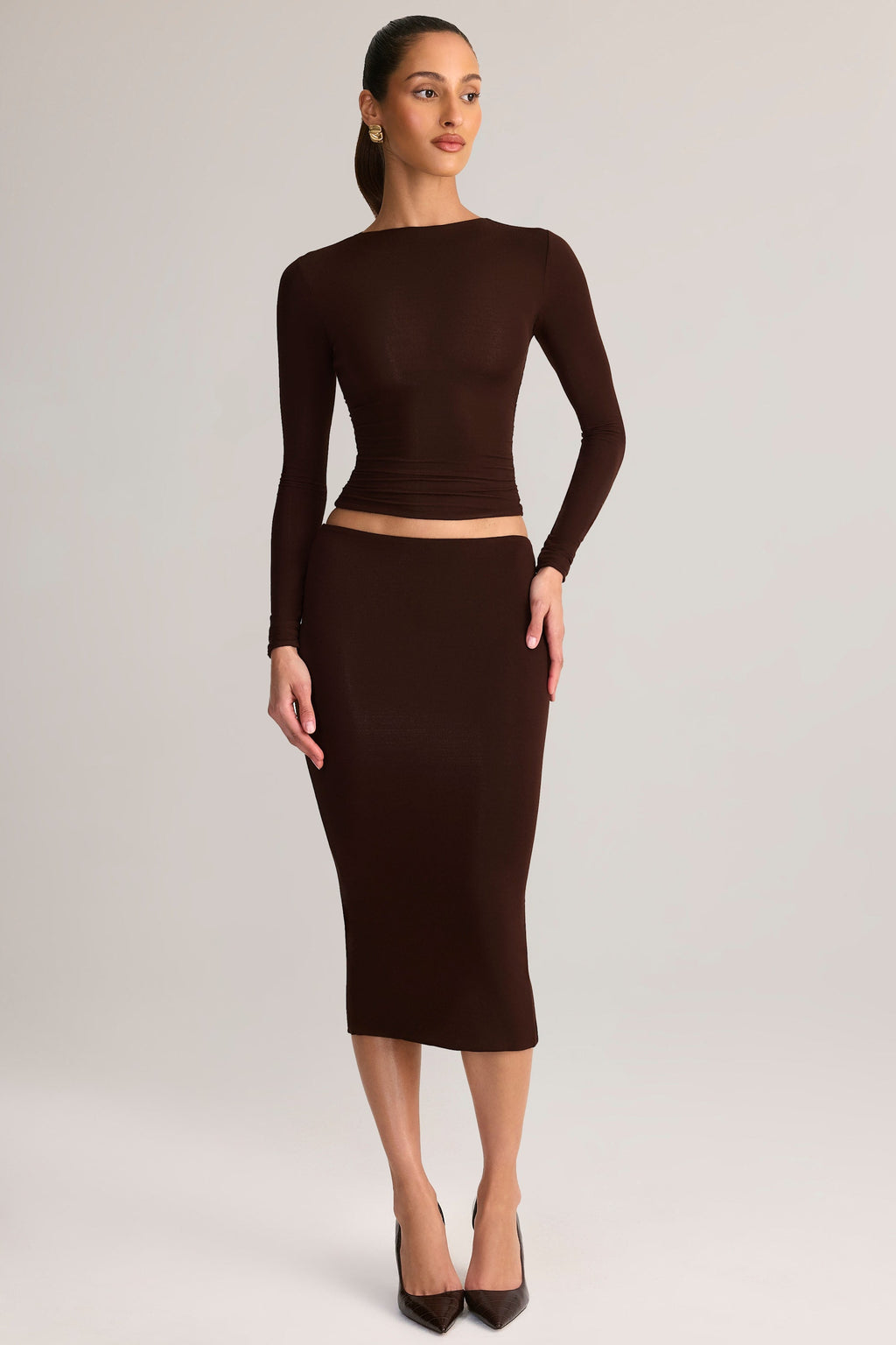 Chic Modal Mid-Rise Pencil Midi Skirt in Chocolate Brown