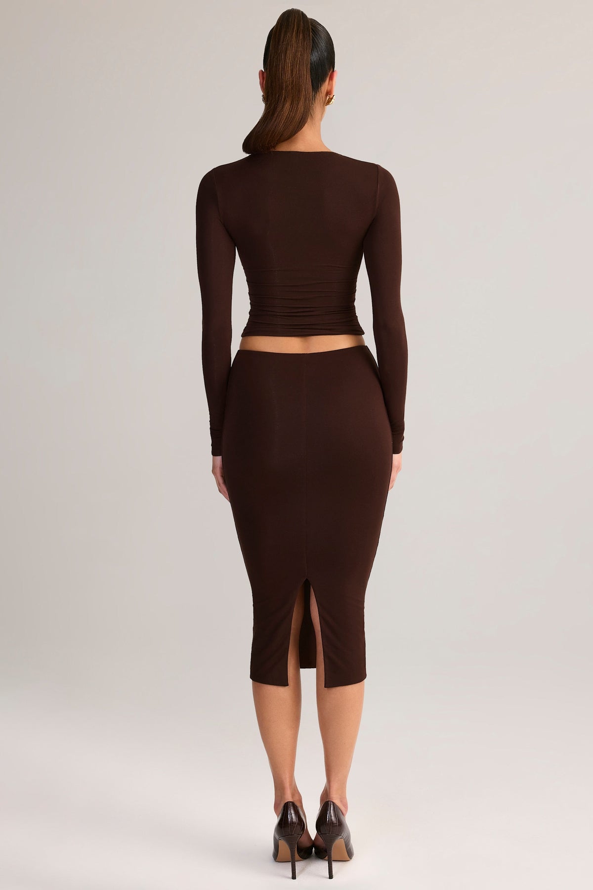 Chic Modal Mid-Rise Pencil Midi Skirt in Chocolate Brown