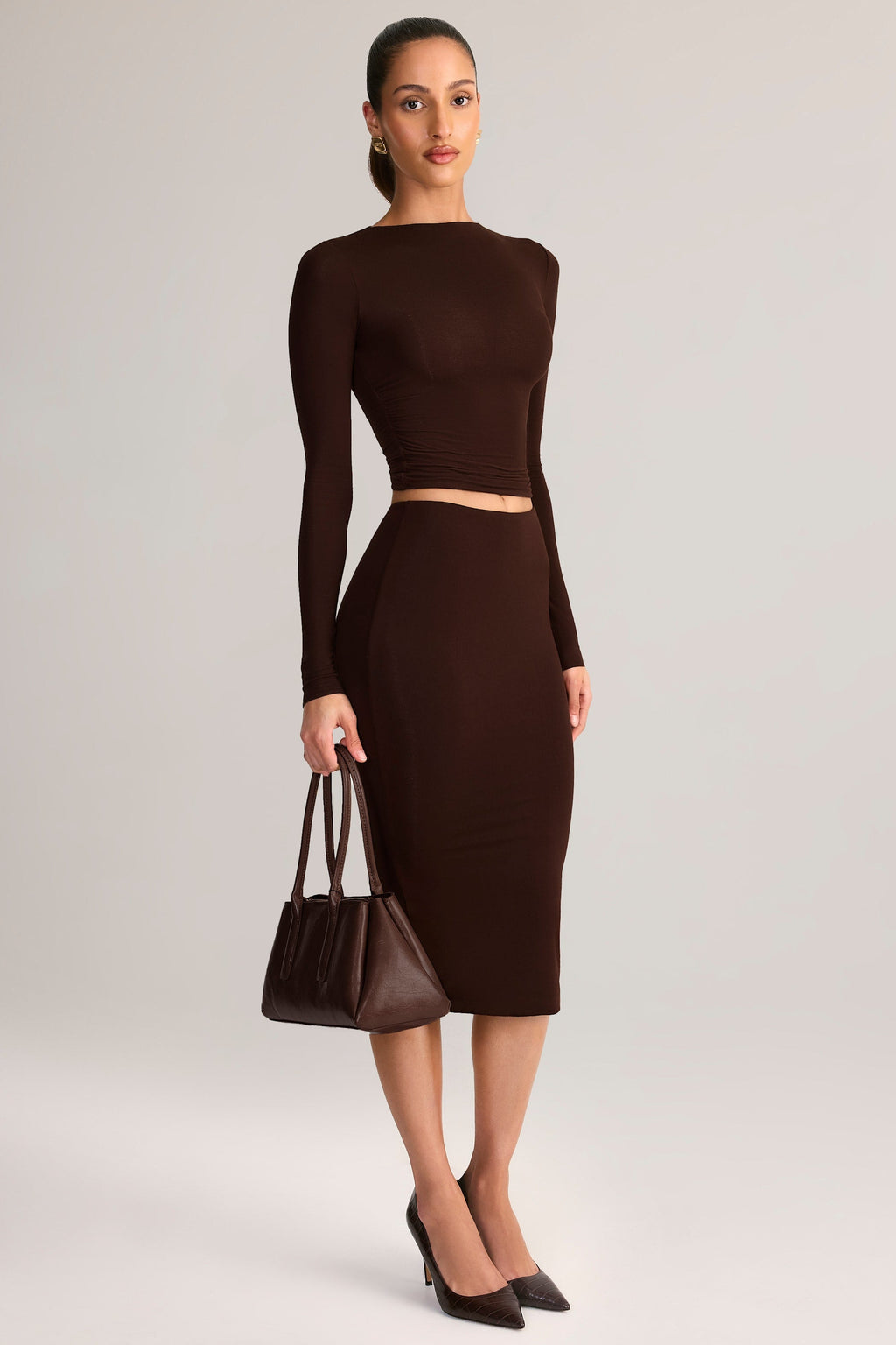 Chic Modal Mid-Rise Pencil Midi Skirt in Chocolate Brown