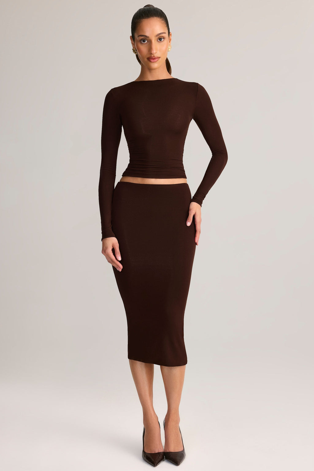 Chic Modal Mid-Rise Pencil Midi Skirt in Chocolate Brown