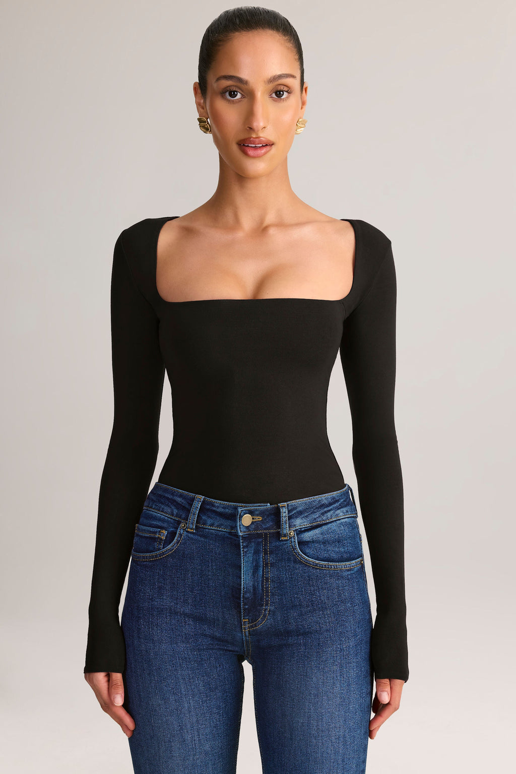 Chic Modal Square-Neck Long-Sleeve Top in Black