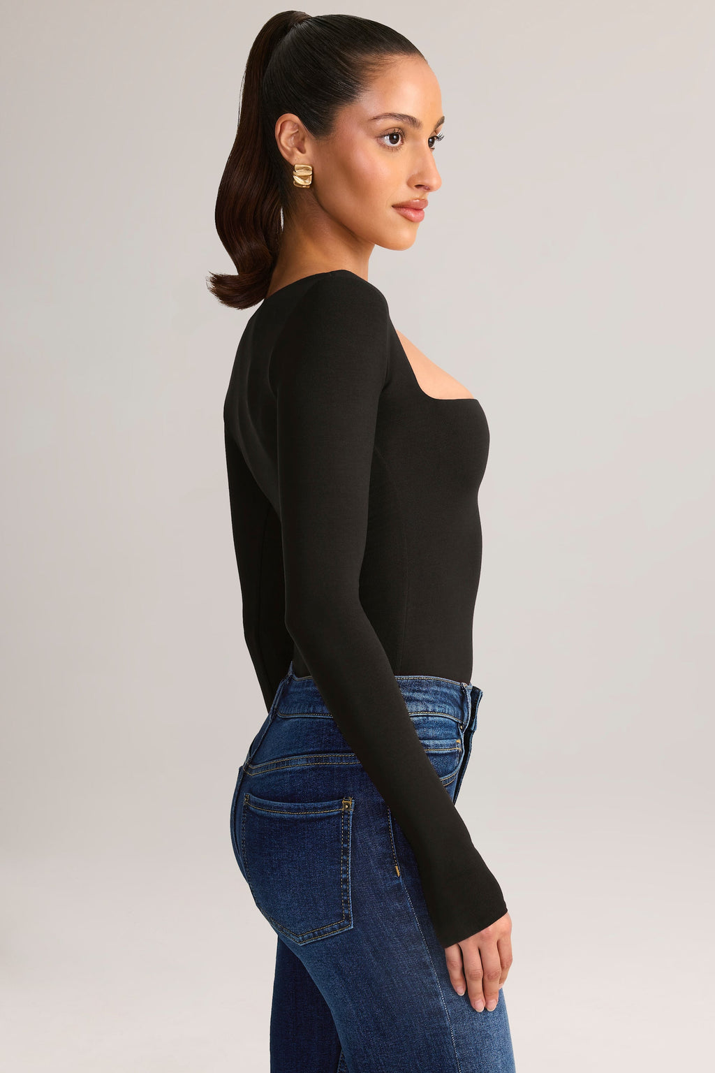 Chic Modal Square-Neck Long-Sleeve Top in Black