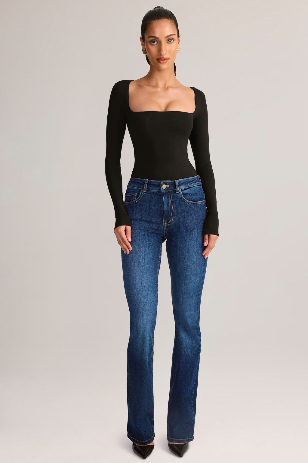 Chic Modal Square-Neck Long-Sleeve Top in Black