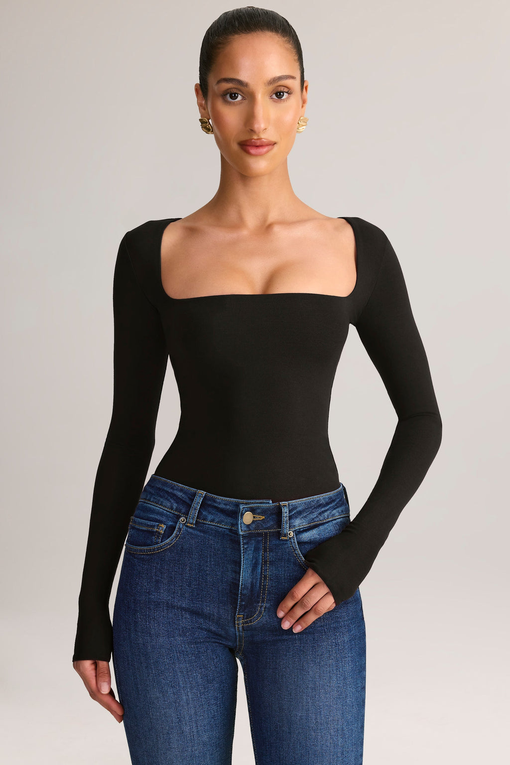 Chic Modal Square-Neck Long-Sleeve Top in Black