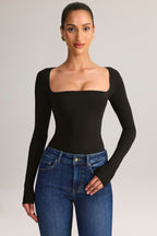 Chic Modal Square-Neck Long-Sleeve Top in Black