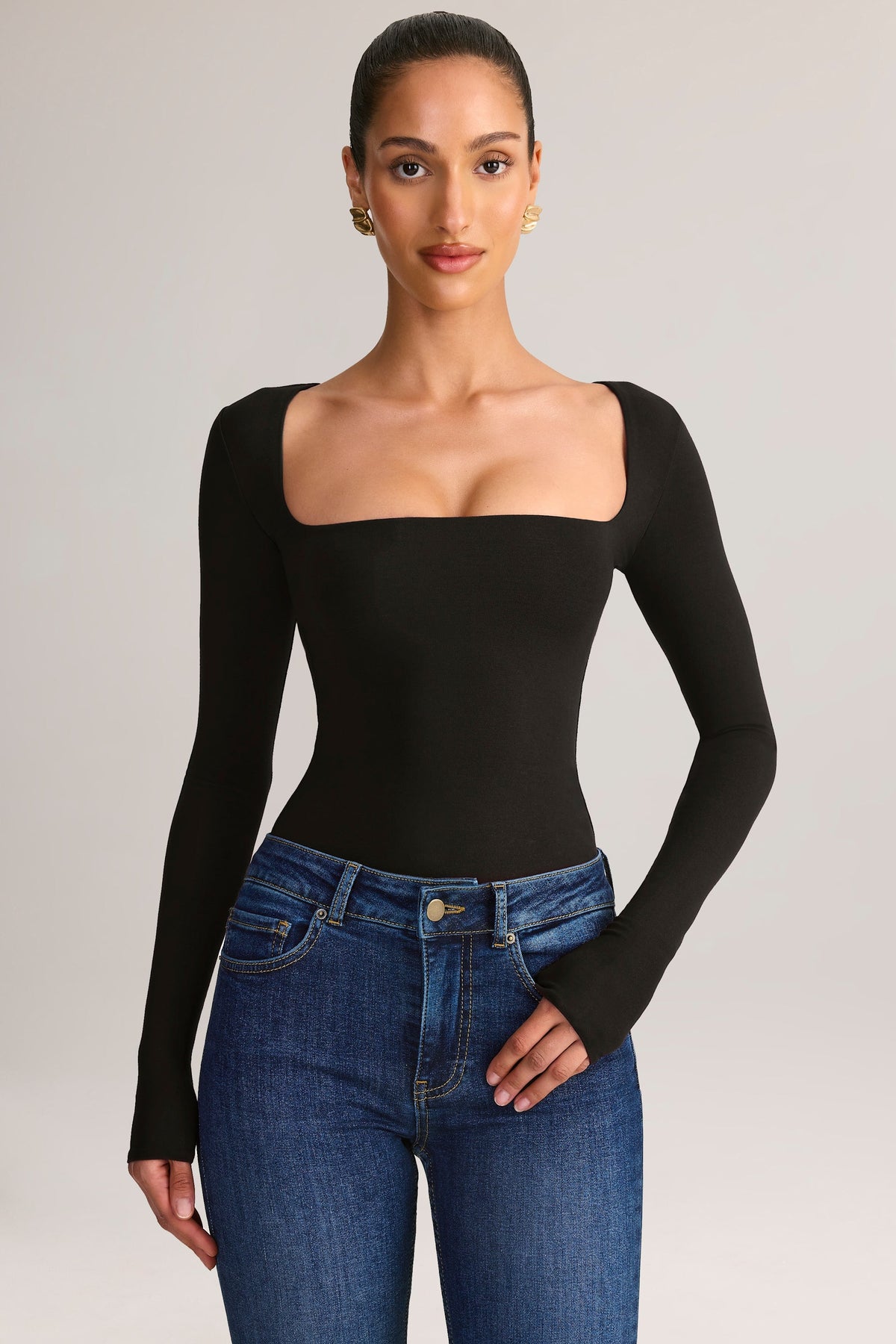 Chic Modal Square-Neck Long-Sleeve Top in Black