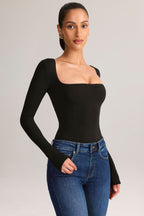 Chic Modal Square-Neck Long-Sleeve Top in Black