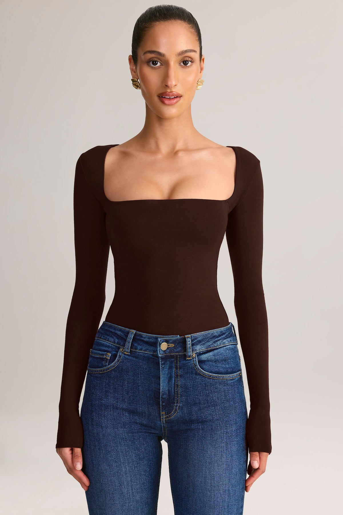 Chic Modal Square-Neck Long-Sleeve Top in Chocolate Brown